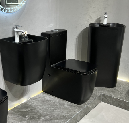 Set vas WC cu capac slim, montare pe podea, Rimless, evacuare laterala, finisaj negru mat 64 x 36 x 80 cm T2214M5 [3]
