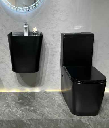 Set vas WC cu capac slim, montare pe podea, Rimless, evacuare laterala, finisaj negru mat 64 x 36 x 80 cm T2214M5 [1]