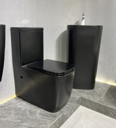 Set vas WC cu capac slim, montare pe podea, Rimless, evacuare laterala, finisaj negru mat 64 x 36 x 80 cm T2214M5 [5]