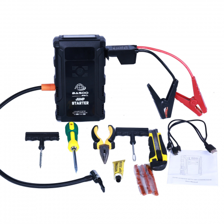 Scule si unelte - Starter auto cu acumulator 12000mha, 12V, port usb, lanterna + compresor auto, accesorii reparatie pana incluse