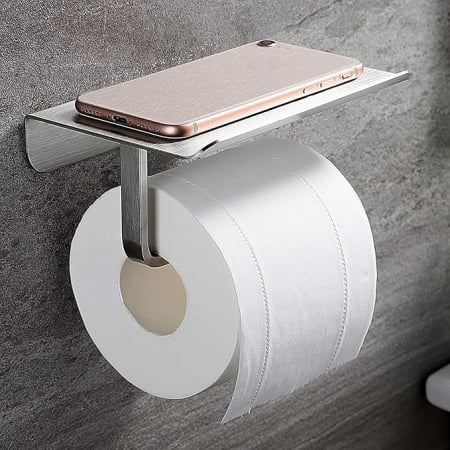 Rezervoare wc - Suport hartie igienica cu raft telefon, inox, argintiu, montaj prin insurubare/ lipire 19 x 10 cm
