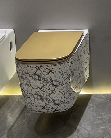 Vas WC suspendat cu capac, Rimless, finisaj alb-marmorat cu inserții aurii  – 53 × 36 × 36 cm - T3214EWG1 [4]