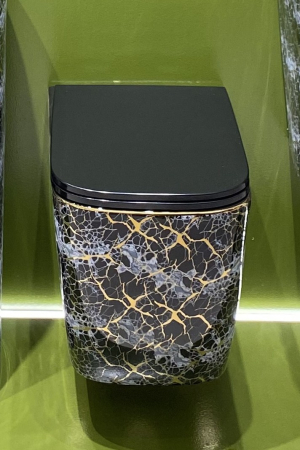 Vase wc - Vas WC suspendat cu capac, Rimless, finisaj albastru-negru cu accente aurii 53 x 36 x 36 cm - T3214EBG3