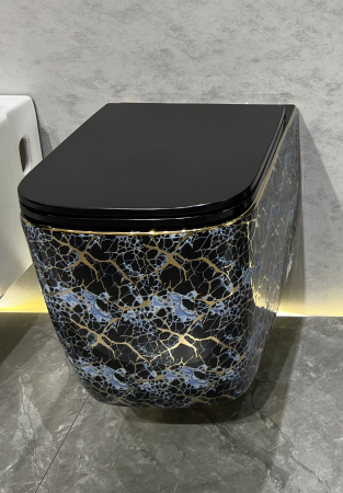 Vas WC suspendat cu capac, Rimless, finisaj albastru-negru cu accente aurii 53 x 36 x 36 cm - T3214EBG3 [2]