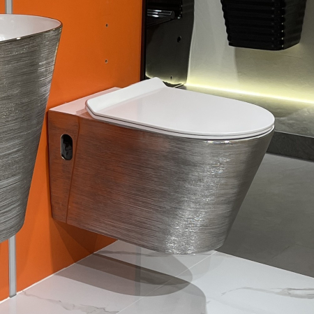 Baie - Vas WC suspendat cu capac, Rimless, finisaj argintiu 57 x 34 x 34 cm - T3203EDS