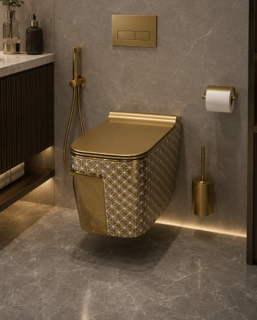 Baie - Vas WC suspendat cu capac, Rimless, finisaj auriu 52 x 36 x 36 cm - T3130EWG2