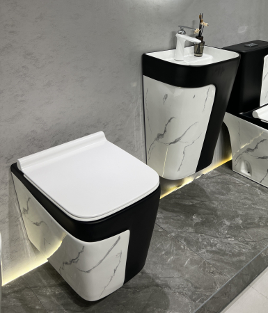 Vas WC suspendat cu capac, Rimless, finisaj marmură/negru 52 x 36 x 36 cm T3130MB [4]