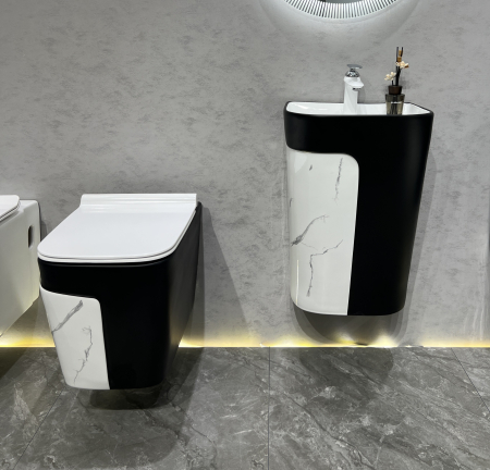 Vas WC suspendat cu capac, Rimless, finisaj marmură/negru 52 x 36 x 36 cm T3130MB [2]