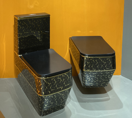 Vas WC suspendat cu capac, Rimless, finisaj negru/auriu 54 x 36 x 36 cm - T3133EBG7 [2]