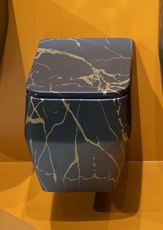 Vase wc - Vas WC suspendat cu capac, Rimless, finisaj negru/auriu 54 x 36 x 36 cm - T3133CW68