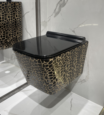 Vase wc - Vas WC suspendat cu capac, Rimless, finisaj negru glazurat/auriu – 51,5 × 36 × 36 cm - T3210CR1