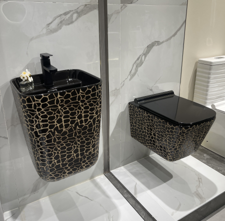 Vas WC suspendat cu capac, Rimless, finisaj negru glazurat/auriu – 51,5 × 36 × 36 cm - T3210CR1 [2]