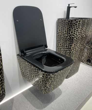 Vas WC suspendat cu capac, Rimless, finisaj negru glazurat/auriu – 51,5 × 36 × 36 cm - T3210CR1 [1]