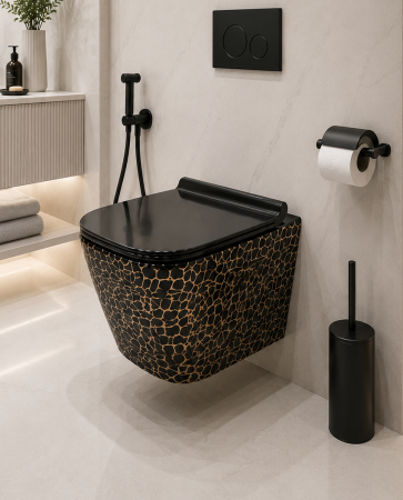Vase wc - Vas WC suspendat cu capac, Rimless, finisaj negru glazurat/auriu – 51,5 × 36 × 36 cm - T3210CR1