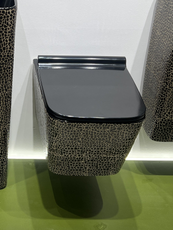 Vase wc - Vas WC suspendat cu capac, Rimless, finisaj negru glazurat/auriu – 51,5 × 36 × 36 cm - T3210CR4