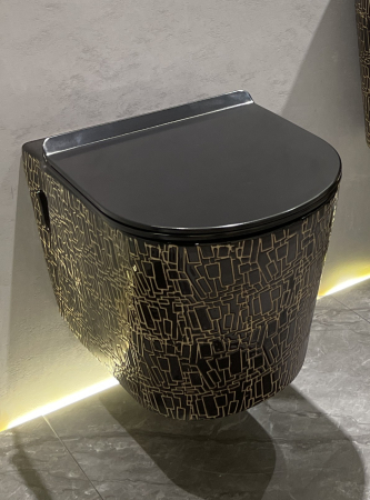 Vas WC suspendat cu capac, Rimless, finisaj negru glazurat/auriu 57 x 34 x 34 cm T3203CR2 [2]