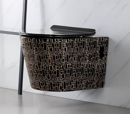 Baie - Vas WC suspendat cu capac, Rimless, finisaj negru glazurat/auriu 57 x 34 x 34 cm T3203CR2