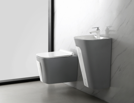 Vas WC suspendat cu capac, Rimless, ceramică sanitară, finisaj gri mat & marmură – 52 x 36 x 36 cm T3130MG [2]
