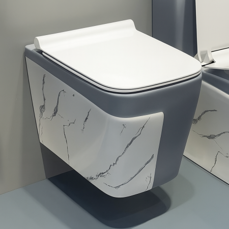 Vase wc - Vas WC suspendat cu capac, Rimless, ceramică sanitară, finisaj gri mat & marmură – 52 x 36 x 36 cm T3130MG