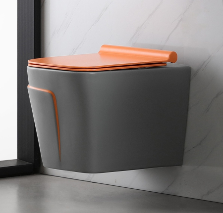 Baie - Vas wc suspendat si capac, rimless, ceramica sanitara, gri mat/portocaliu, 52 x 36 x 36 cm T3130GO
