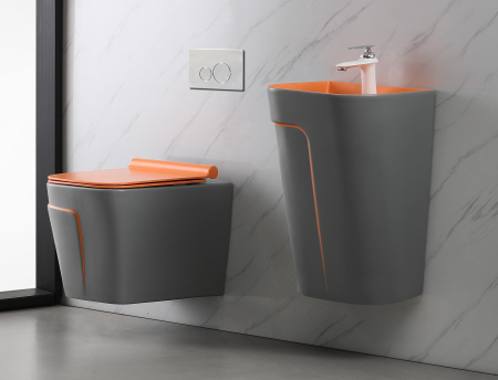 Vas wc suspendat si capac, rimless, ceramica sanitara, gri mat/portocaliu, 52 x 36 x 36 cm T3130GO [2]
