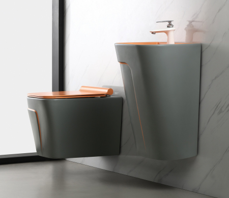 Vas wc suspendat si capac, rimless, ceramica sanitara, gri mat/portocaliu, 52 x 36 x 36 cm T3130GO [3]