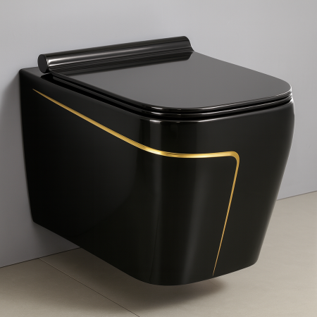 Vase wc - Vas wc suspendat si capac, rimless, ceramica sanitara, negru/auriu 52x 36x 36 T3130BG