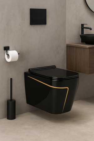 Vas wc suspendat si capac, rimless, ceramica sanitara, negru/auriu 52x 36x 36 T3130BG [1]