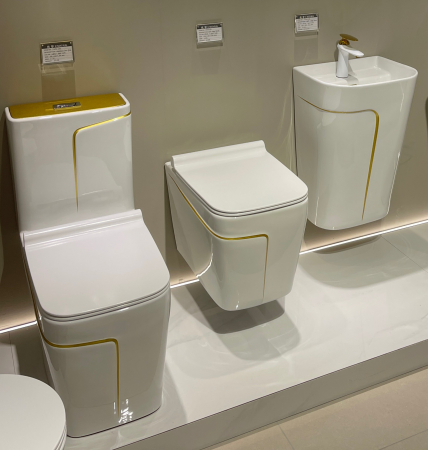 Vas wc suspendat si capac, rimless, ceramica sanitara, alb/auriu 52x 36x 36 T3130WG [3]