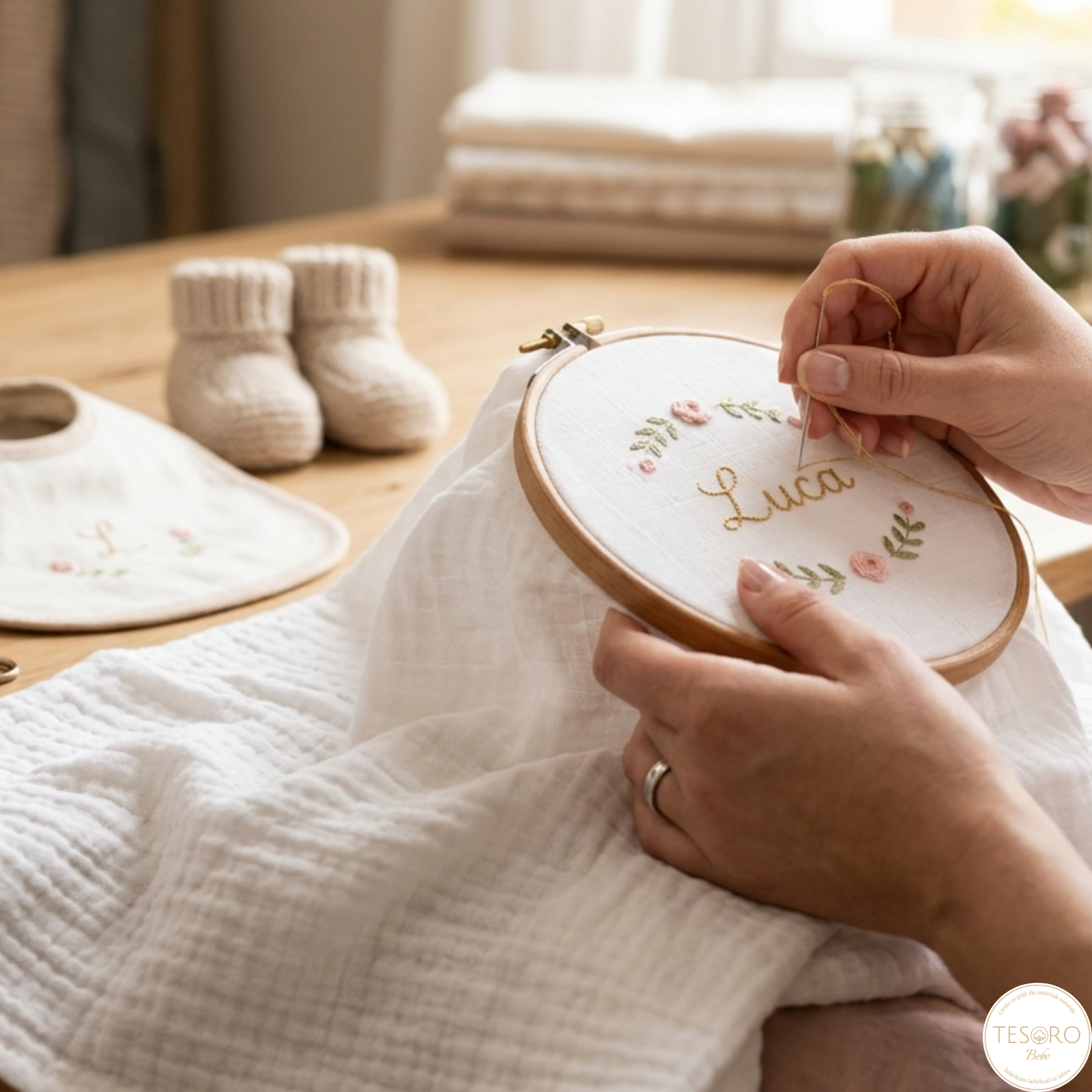 Importanța personalizării prin broderie pentru trusoul de botez și hăinuțele din țesături naturale