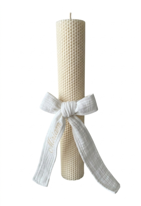 Lumânare botez din ceară naturală cu fundă din muselină [4]