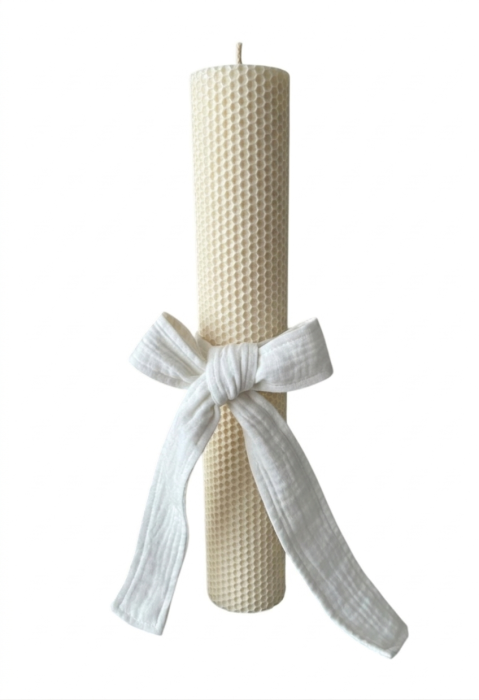 Lumânare botez din ceară naturală cu fundă din muselină [3]