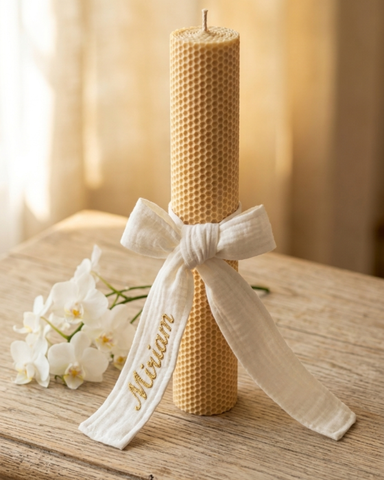 Lumânare botez din ceară naturală cu fundă din muselină [2]