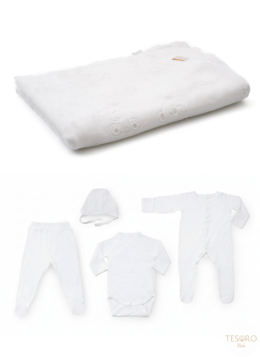 Set Cadou Nou-Născut Tesoro Bebe, 5 Piese, Alb Impecabil, Bumbac 100% și Păturică Fleece OEKO-TEX [4]