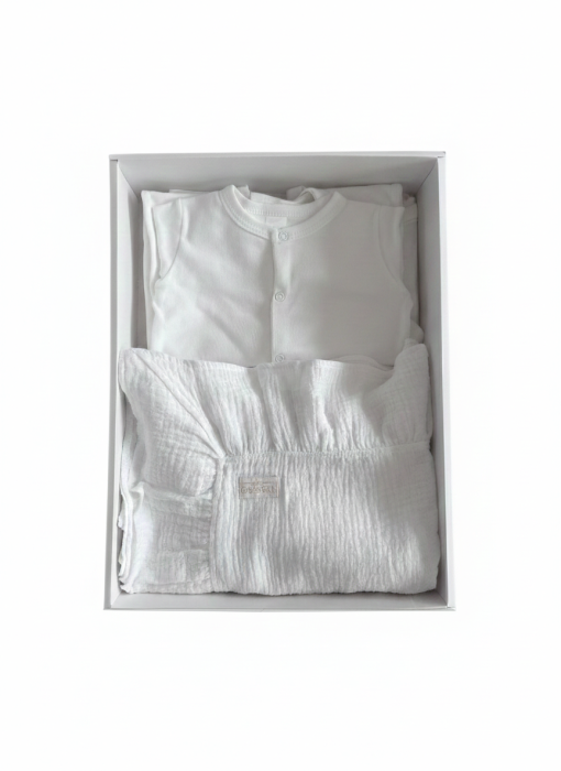 Set complet bebeluș: păturică din muselină cu volan și 4 articole bumbac hipoalergenic alb [3]