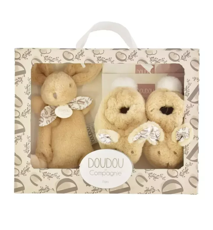 Camera Bebelușului - Set Cadou Doudou et Compagnie – Iepuraș Bej (15cm) și Botoșei Asortați, 0 luni+