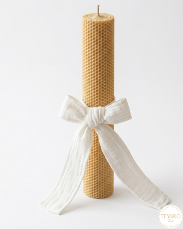 Botez - Lumânare botez din ceară naturală cu fundă din muselină
