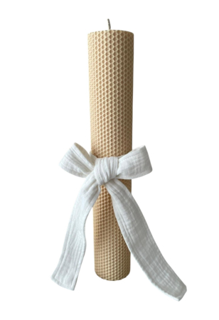 Botez - Lumânare botez din ceară naturală cu fundă din muselină