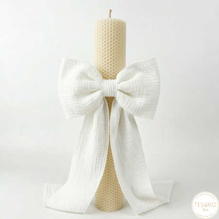 Botez - Lumânare botez din ceară naturală cu fundă din muselină