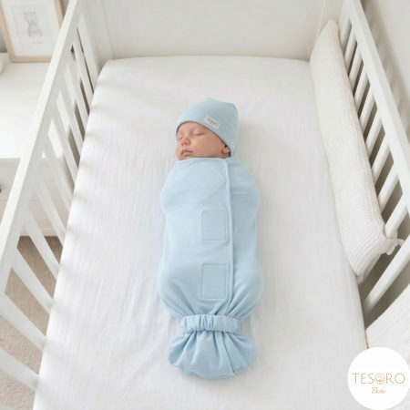 Sistem de infasare paturica+caciulita baby blue