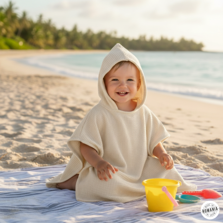 Prosoape și Halate - Poncho plaja bebe waffle | 0-3 ani ecru