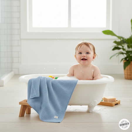 Prosoape și Halate - Prosop cu gluga din muselina bebe, blue