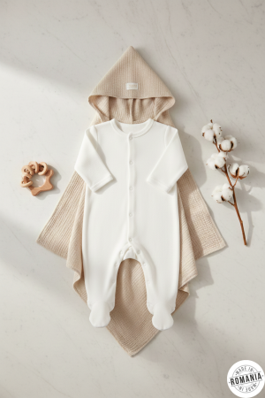 Salopete - Set cadou alint de catifea alb-bej