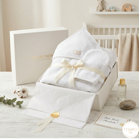 Prosoape și halate - Set Premium Baie Bebe Prosop Capison Manusa Frotir Alb Imaculat Tesoro Bebe