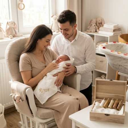 Seturi cadou - Set Prima Băiță cu Nașii Tesoro Bebe, Prosop Muselină Personalizat și Cutie Lemn