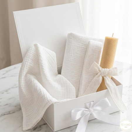 Trusou Botez Catolic Tesoro Bebe Muselina Premium si Lumanare Fagure Ceara de Albine