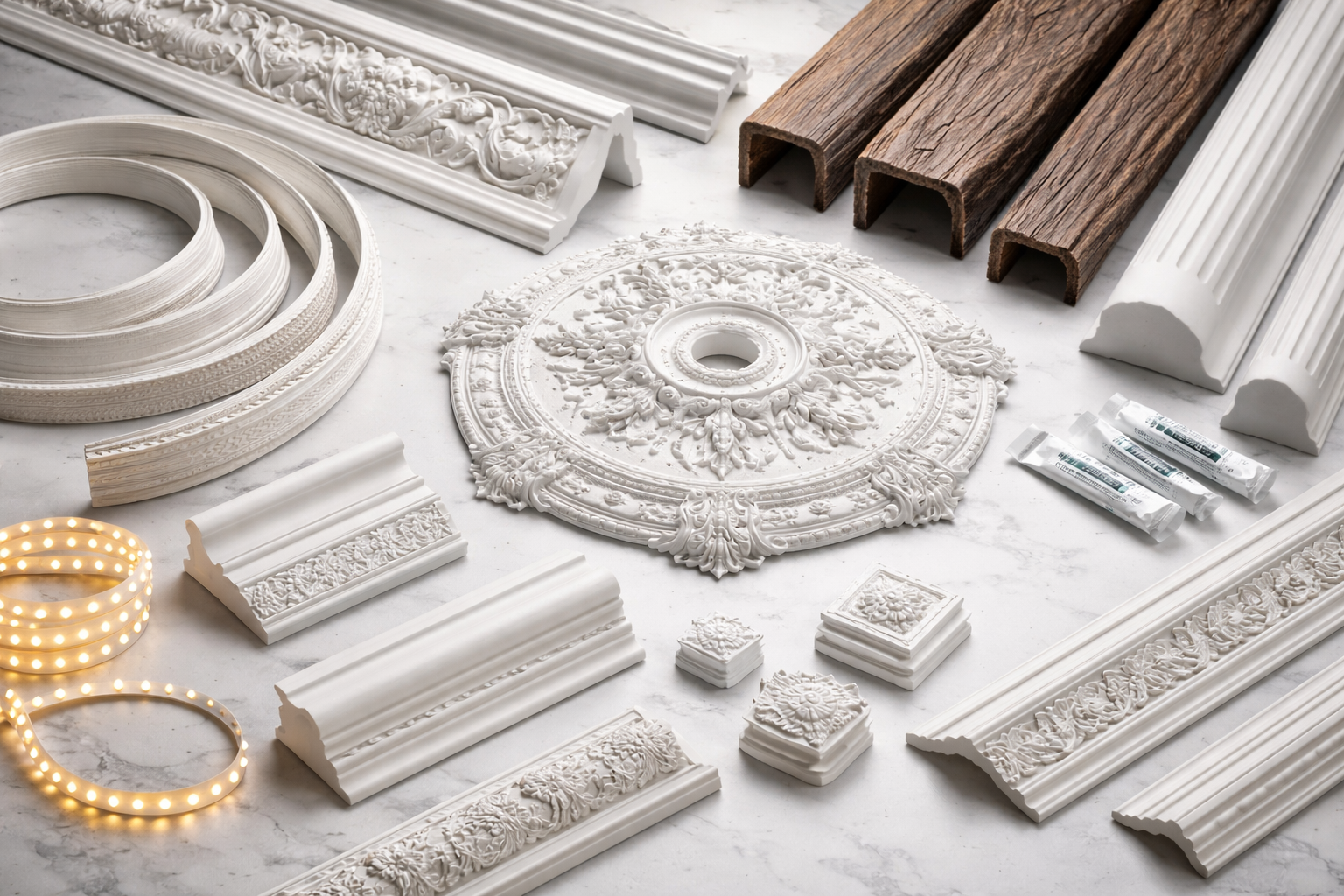 Profile decorative din poliuretan – ghid complet pentru cornișe, scafe LED, rozete, chenare pentru perete, grinzi decorative