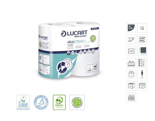 Hartie gienica Lucart dizolvabila in apa, 4 buc/pachet, Aquastream, set 4 pachete, 2 straturi, 400 foi pe rola [2]