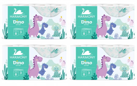 Hartie igienica - Pachet promo 4 seturi hartie Igienica Harmony Dino, 3straturi, 8 role pe set