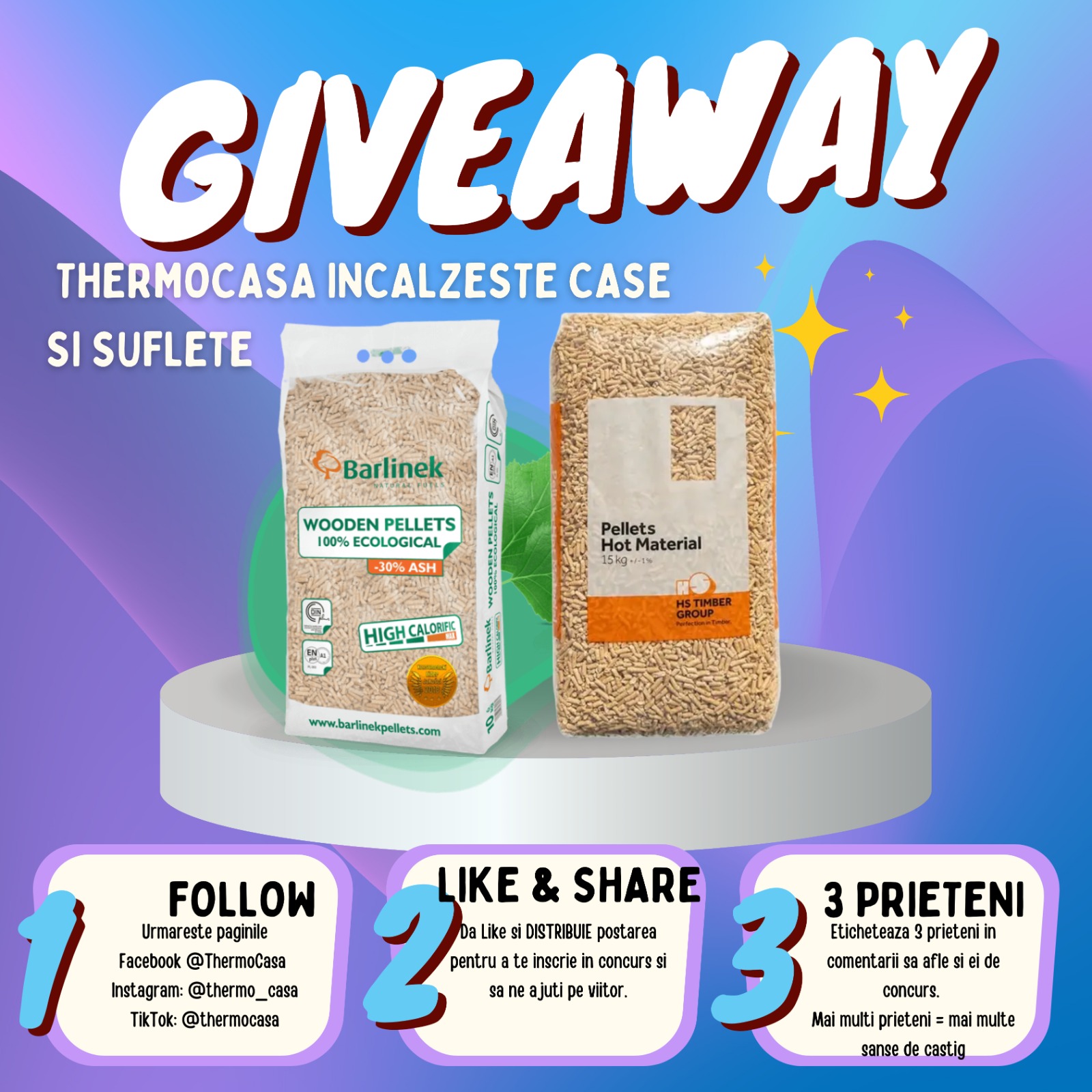 🎉 ThermoCasa Giveaway: Câștigă un Palet de Peleți HS sau Barlinek și un Voucher de 300 RON! 🎉